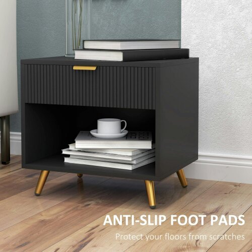 Wyld Haus Hana Bano Black And Gold Tone Elegant Bedside Table With Ribbed Drawer And Shelf
