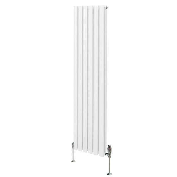 Sleek white oval column radiator with vertical fins, measuring 1600mm x 360mm, complemented by stylish valves and sturdy feet