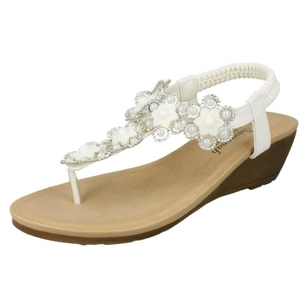 Savannah Ladies Savannah Mid Wedge Toepost Flower Trim Sandals