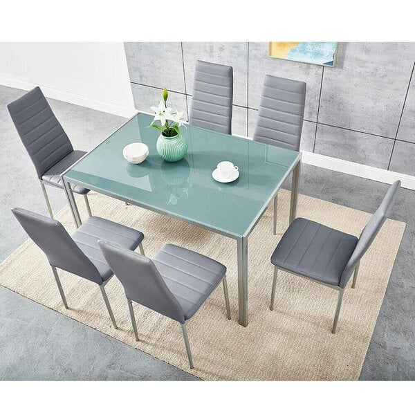 Kosy Koala Modern Rectangle Glass Dining Table Set With 6 Grey Faux Leather Chairs Dining Room Furniture
