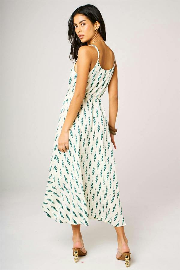 FS Collection Green Leaf Print Button Down High Low Strappy Dress In White