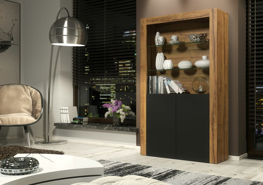 Mex Furniture Tall Display Cabinet 170cm Oak Matt Body and Black Matt Doors – Modern Open Shelving Unit