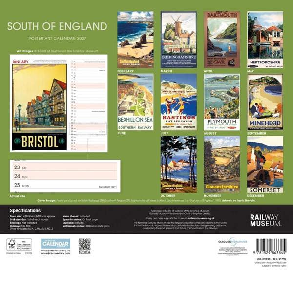 National Railway Museum, South Of England Poster Art Calendar 2027, Wall Calendars, Month To View, Travel, Gift