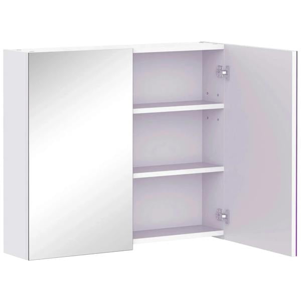White wall-mounted bathroom cabinet with two doors and three interior shelves, open view