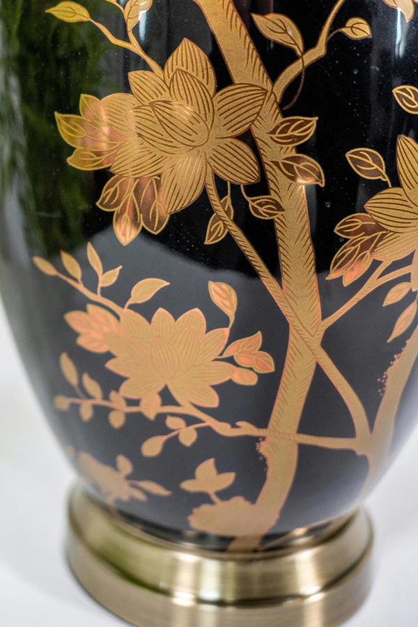 Downton Interiors Black Gold Ceramic Table Lamp with Plain Shade (G2105 Plain)