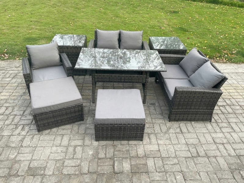 Fimous Outdoor Garden Dining Set - Dark Grey Mixed PE Wicker Rattan Sofa with Rectangular Dining Table & 2 Big Footstools