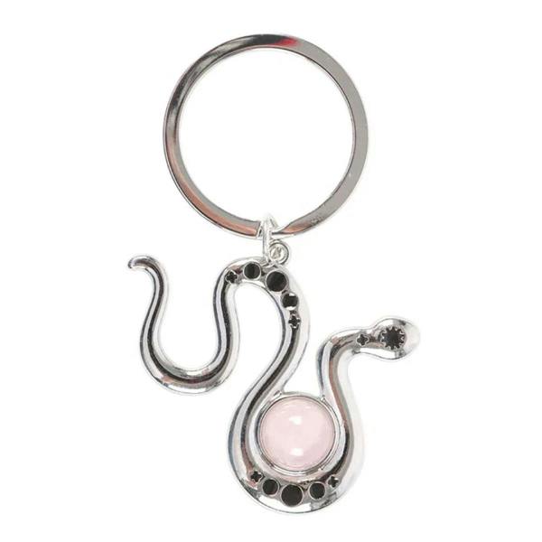 Silver-tone snake keyring with teardrop charm and pink rose quartz cabochon
