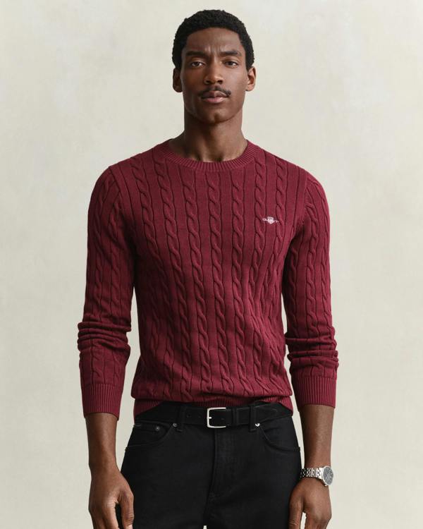 GANT Mens Cotton Cable Knit Crew Neck Jumper - 676 Deep Grape Wine | CHO | Designer Mens Jumpers