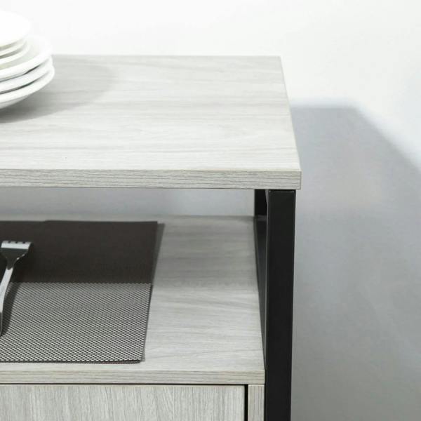 Light grey sideboard top with black steel side frame and open cabinet base
