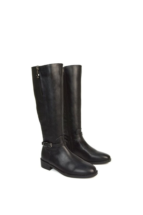 XY LONDON Knee High Boots Low Heel Zip Up Calf Riding Biker With Ankle Strap
