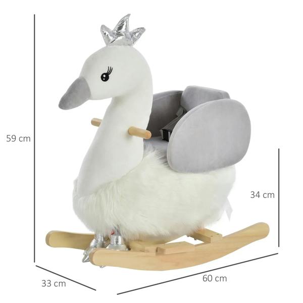 White plush swan rocking animal with grey seat, wood runners, and safety belt