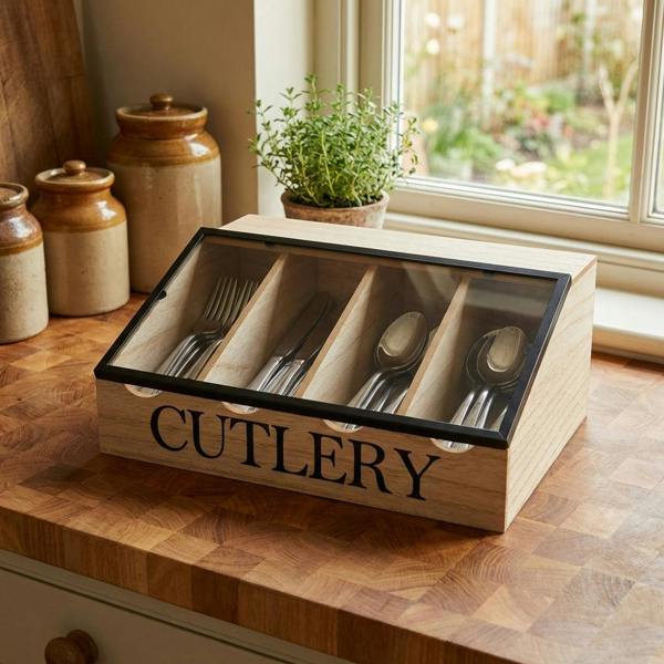 Wooden cutlery holder with cutlery on a wooden surface near a window.