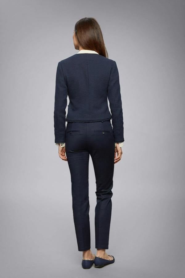 Rumour London Gabrielle navy tweed jacket with fringing detail
