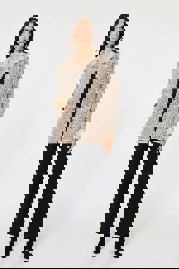 Beige | Chevron Texture Faux Fur Boxy Jacket
