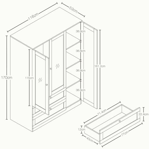 Vida Designs Altino 3 Door 2 Drawer Mirrored Wardrobe