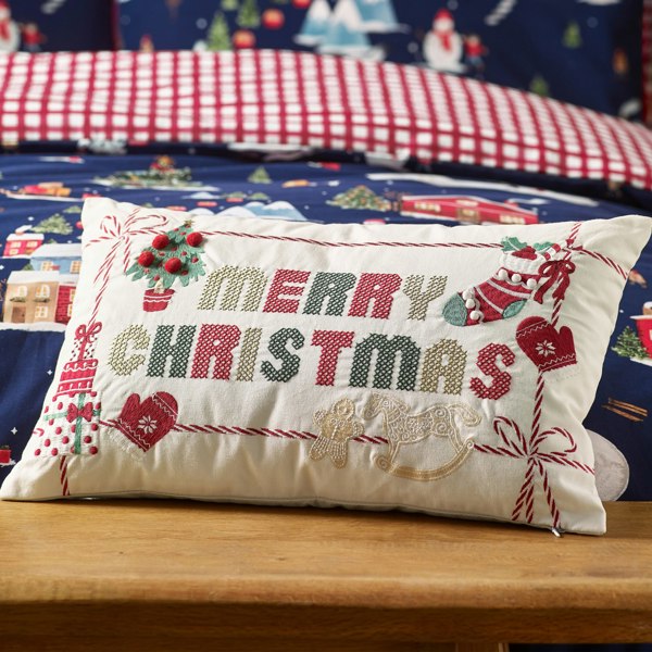 Catherine Lansfield Merry Christmas Cross Stitch Cushion Natural
