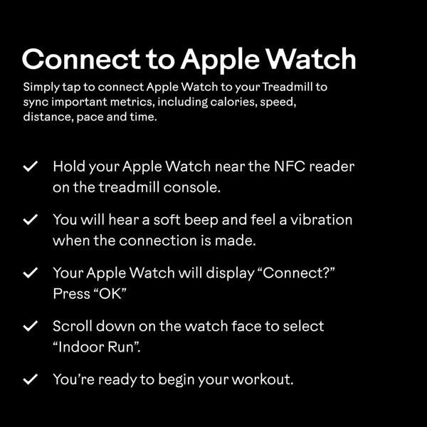 BowFlex T6 treadmill Apple Watch connection instructions shown on screen.