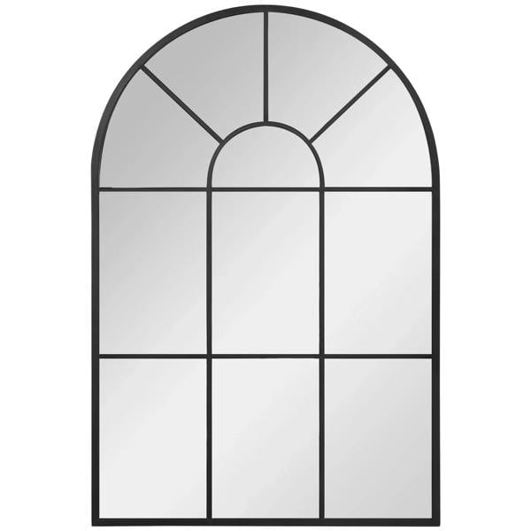 Arched grid mirror with black frame and four vertical panels, full grid reflection.