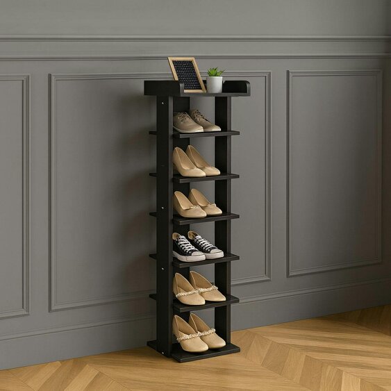 Neo Black 7 Tier Wooden Shoe Rack Slim
