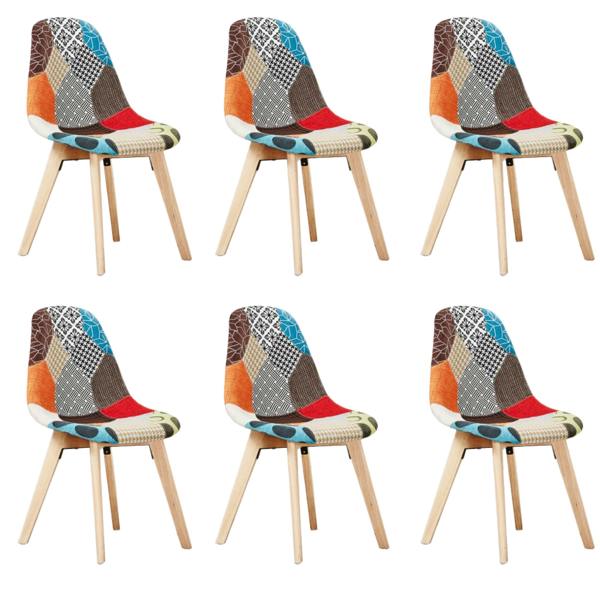 Life Interiors Set of 6 Patchwork Multi Colors Fabric Dining Chairs with Wooden Legs, Mid-Century Modern Accent Chair