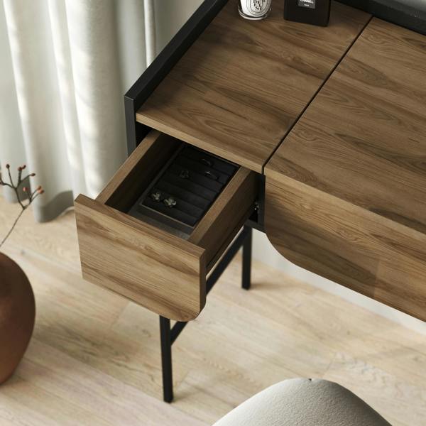 Decortie Modern Terra Dressing Table Lift-Up Mirror Storage Space 2 Drawers Bedroom Vanity Table W100xD40cm Whiskey Oak Black Wood
