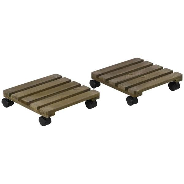 Set of 2 dark brown square wooden plant caddies with four caster wheels each