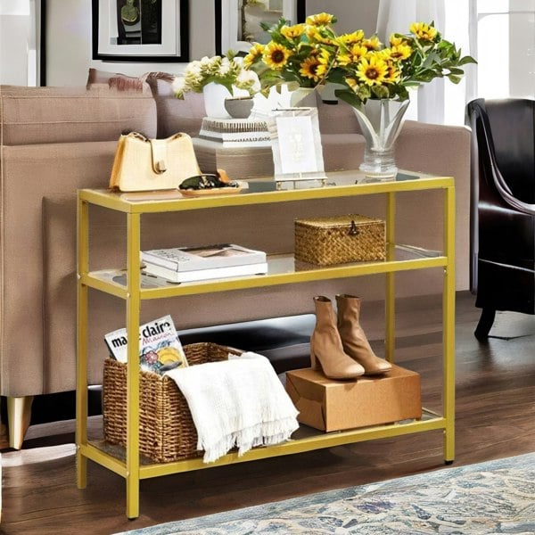 Rafaelo Mobilia Industrial Hallway Table With 3 Tempered Glass Shelves