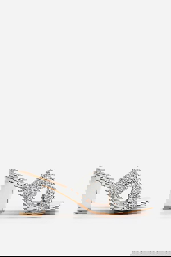Where's That From Summer Woven Strap Block Heel Slides in Silver Metallic Faux Leather