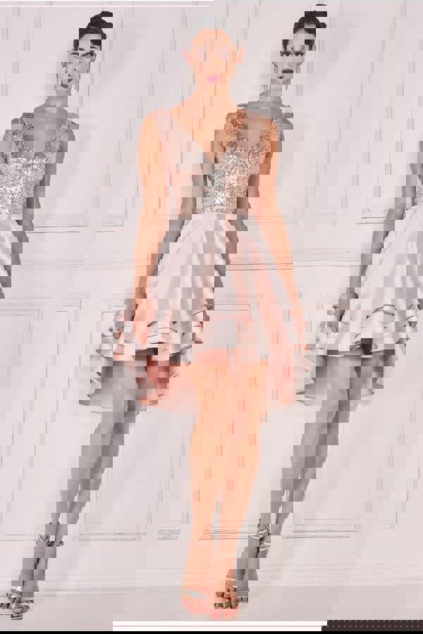 Multilayered Sequin And Satin Skater Mini -champagne DR1317PB