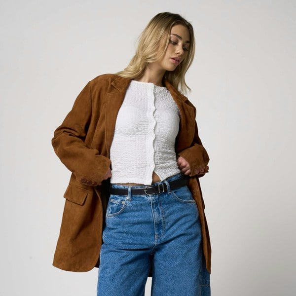 Barneys Originals Women's Oversized Tan Suede Blazer