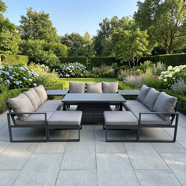 Fimous 11 Seater Aluminum Outdoor Garden Furniture Set with Adjustable Rising Dining Table, 3 Sofas, 2 Footstools, 2 Side Tables - Grey