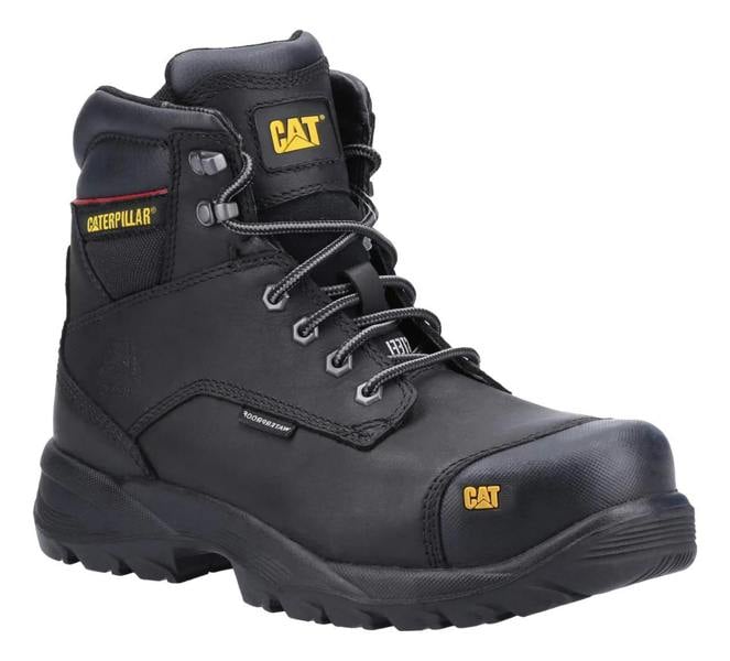 Caterpillar Spiro Mens Steel Toe/Midsole S3 Work Safety Boots, black leather work boots with steel toe cap and rugged sole for industrial safety.