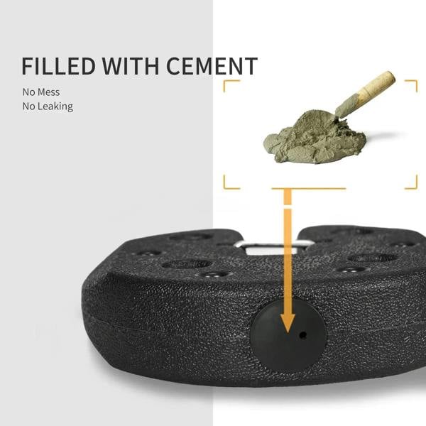 Black, cement-filled gazebo base weight with mounting pin plate
