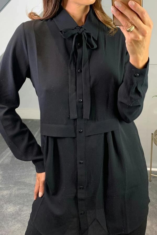 Hoxton Gal Oversized Tunic Shirt with Tie in Black