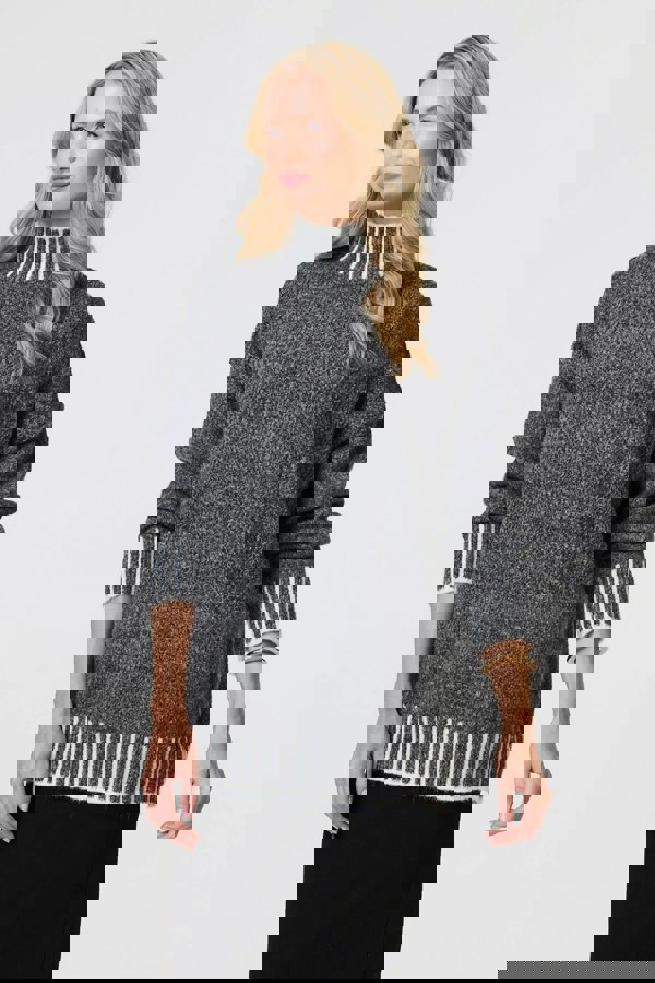 Grey | Stripe Trim High Neck Oversized Jumper
