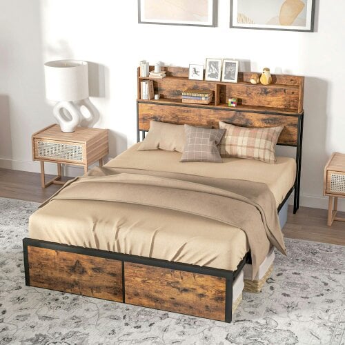 Wyld Haus Sata 4FT8 Rustic Brown and Black Industrial Double Bed Frame with Shelves