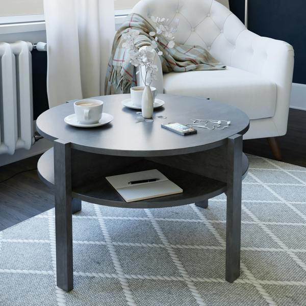 Furniture To Go Tobago Round Coffee Table with Open Shelf in Optic Dark Grey