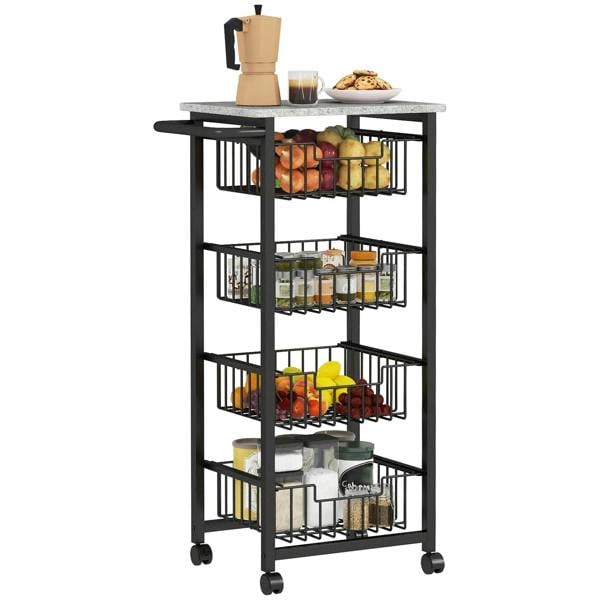 Mobile kitchen island with four wire basket shelves, grey top, black frame and locking brakes