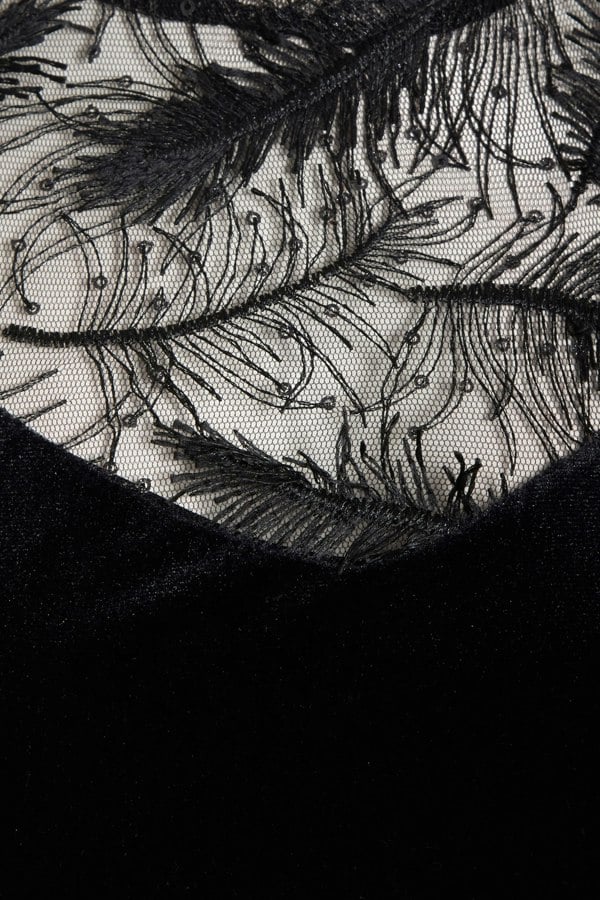 a close up of a Sarvin black Velvet Bodycon Dress with feathers on it.