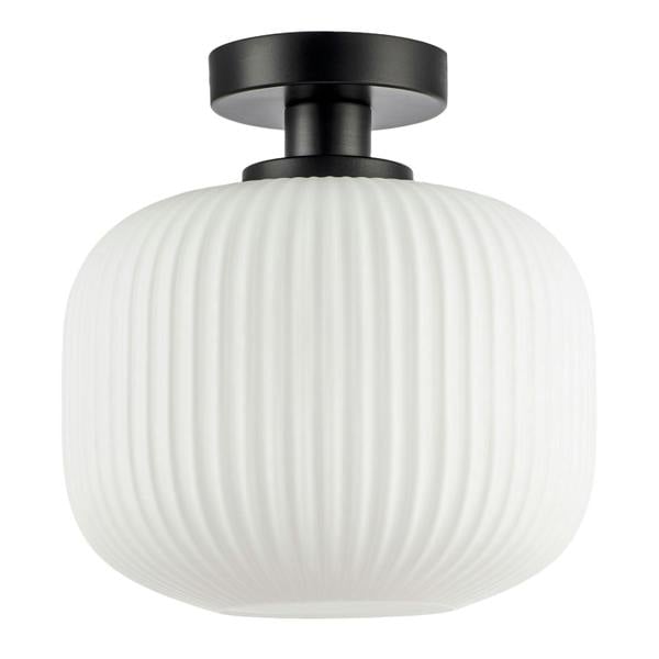 Matte Black Bathroom Ceiling Light with Opal Ribbed Glass Shade Image 1