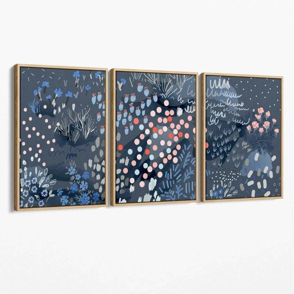 Set of 3 Abstract Midnight Garden Canvas Art Prints with Oak Float Frame