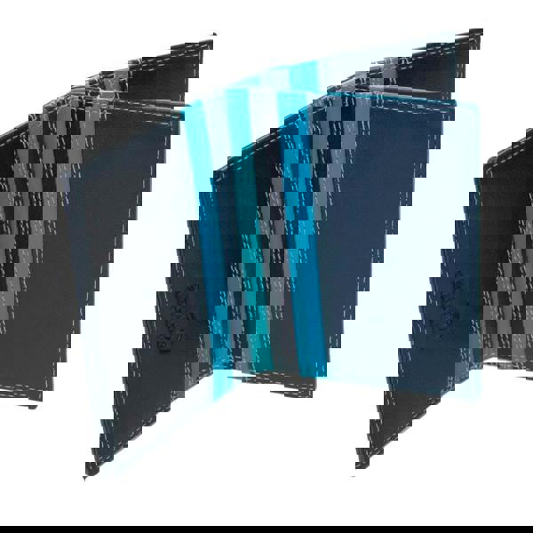 open viiew of blue leather credit card holder