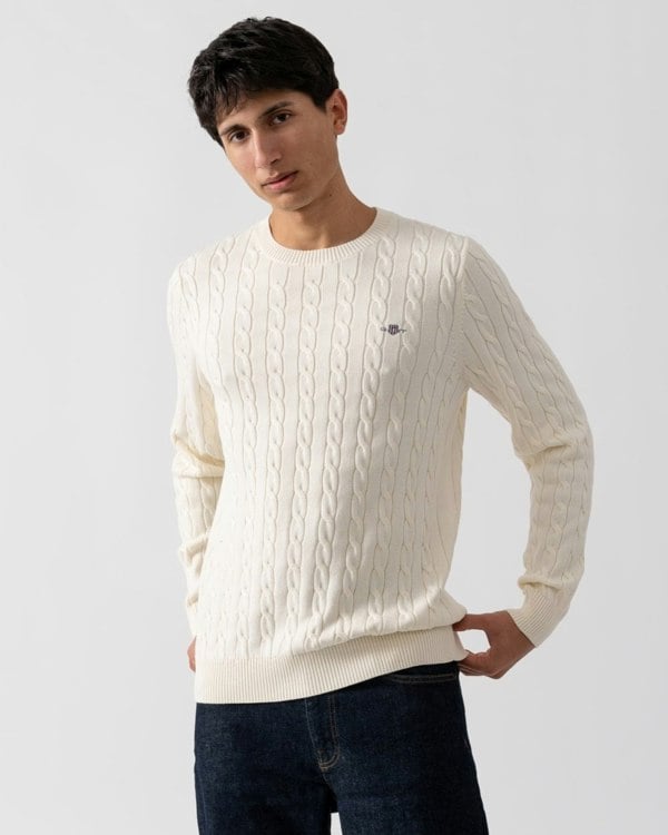 GANT Mens Cotton Cable Knit Crew Neck Jumper - 130 Cream