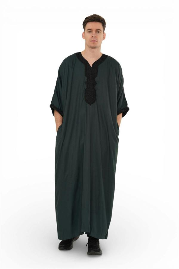 Infinity Leather Men's Moroccan Thobe Jubba Robe Djellaba Arab Short Sleeve Embroidery Gandoura