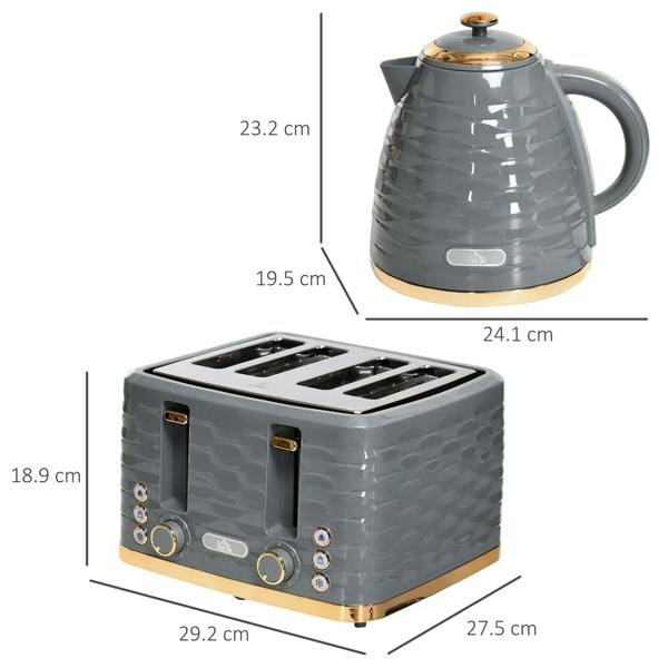 Grey kettle and four-slice toaster set with product dimensions shown