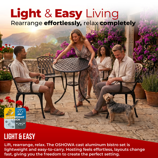 Centurion Supports OSHOWA Garden and Patio Table and 4 Large Chairs with Armrests Cast Aluminium Bistro Set - Black