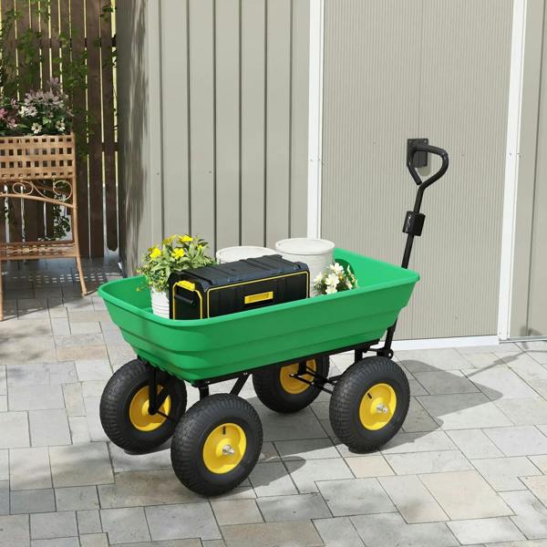Green 4-wheel garden cart with dump tub, yellow wheels, and towing handle