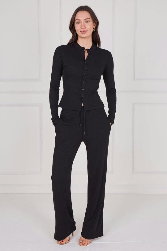 Ribbed Button-Up Co-Ord Set - Black