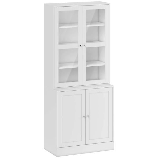 White bookcase cabinet with two glass doors and four open shelves