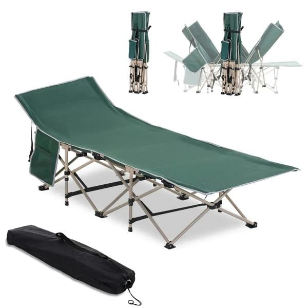Green folding camping cot with black carry bag and side pocket